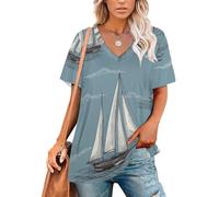 Barca A Vela Disegnata A Mano Maglietta Donna Con Scollo V Maniche Corte Magliette Estiva T-Shirt Casual Top Basic Comodo Largo Cartone Animato Lago Di Nebbia Blu Top Estivo Ampio Con Scollo V L