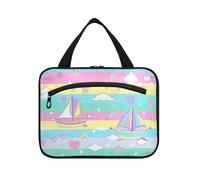 Barca a vela Isola Cartoon Rainbow Stripes Hanging Travel Toiletry Bag Hanging con gancio, Designer Carino Medicine Bag per Accessori per le Donne Hotel cartera para maquillaje L