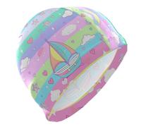 Barca a vela Isola Cartoon Rainbow Stripes nuoto impermeabile per Unisex Adulti Capelli Corti impermeabile grande nuoto per le donne Protezione dei capelli e Drag Riduzione gorro de natacion