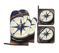 Barca a vela nautica stampa bussola elegante 4 pezzi set da cucina impermeabile guanti da forno presine resistenti al calore