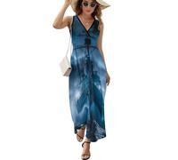 Barca a vela nave da guerra blu nuvole da donna senza maniche abito casual con scollo a V maxi abito prendisole, Stile:, M
