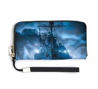 Barca a vela nave da guerra blu nuvole in pelle portafoglio moda borsa lunga con cinturino da polso per uomo donna, Stile:, 20.0*10.5cm