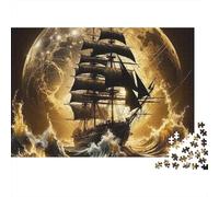 Barca a Vela Puzzle 1000 Pezzi per Adulti Nave dentro la Luna Dorata sopra Onde Tempestose Premium Spesso Robusto Vivace Sfidante Antistress Gioco Famiglia Regalo 70x50cm/1000pz