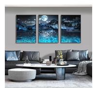 Barca a vela sul lago Notte fonda Natura morta Stampe su tela Luce lunare Montagna Paesaggio naturale Poster Arte murale per la casa Dipinti 70x90cmx3 Senza cornice