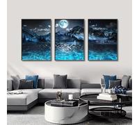 Barca a vela sul lago Stampe su tela Notte Luna Luce Montagna Paesaggio naturale Poster Arte murale Dipinti Immagini 60x80cm (24x31 pollici) x3 Senza cornice