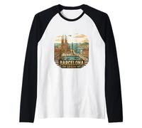 Barcellona Spagna Viaggio Souvenir Retro City Skyline Grafica Maglia con Maniche Raglan