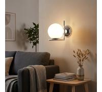 BARCELONA LED Applique da Parete ATOM Sfera in Vetro Bianco Ø15cm E27, Lampada da Parete Piccola con Supporto L in Alluminio Cromo, Stile Classico, Moderno, Vintage Illuminazione Interna Decorativa