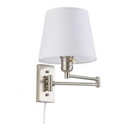 BARCELONA LED Applique da Parete CLARK con Braccio Articolato e Spina, Lampada da Parete E27 Cromata con Paralume in Tessuto Bianco, Lampada da Lettura Regolabile per Camera da Letto Salotto