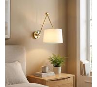 BARCELONA LED Applique da Parete ELBOW con Braccio Doppio Articolato in Alluminio Dorato e Paralume in Tessuto Beige - Lampada da Parete Grande Classica, Moderna e di Lusso per Camera