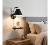 BARCELONA LED Applique da Parete Interna Bilon E27 con Mensola Integrata in Legno, Lampada da Parete Moderna Nero Opaco per Camera da Letto, Testiera Letto, Soggiorno e Hotel, Lampadina Non