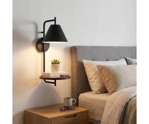 BARCELONA LED Applique da Parete Interna Bilon E27 con Mensola Integrata in Legno, Lampada da Parete Moderna Nero Opaco per Camera da Letto, Testiera Letto, Soggiorno e Hotel, Lampadina Non