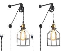 Barcelona LED Lampada da Parete Vintage con Cavo e Spina Gabbia industriale Nera Stile Puleggia a Sospensione per Soggiorno Camera da Letto E27 (Confezione da 2)
