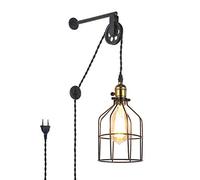 Barcelona LED Lampada da Parete Vintage con Cavo e Spina Gabbia industriale Nera Stile Puleggia a Sospensione per Soggiorno Camera da Letto E27