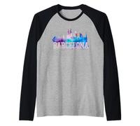 Barcelona T-Shirt - Skyline Acquerello Art Souvenir Regalo Maglia con Maniche Raglan