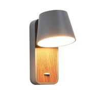 BarcelonaLED - Applique da parete a LED, di lettura, grigio, con interruttore su base in legno, faretto orientabile da 6 W, 2700 K, per letto testiera da soggiorno