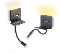 BarcelonaLED - Lampada da parete a LED in alluminio nero per lettura, 6 W, con faretto flessibile da 3 W, bianco caldo orientabile, base di ricarica USB, per camera da letto, testiera