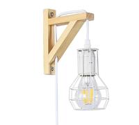 BarcelonaLED Lampada da parete in legno nordico con interruttore a spina per cavo, paralume a gabbia bianca vintage e lampadina a filamento LED E27 inclusa per soggiorno camera da letto