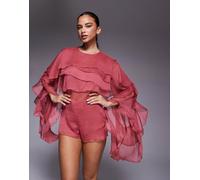 Bardot - Carson - Tuta corta in chiffon trasparente rosa con dettaglio a mantella con volant e maniche oversize 42