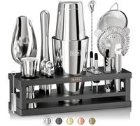 BARE BARREL® Kit per la preparazione di cocktail, kit da barista da 16 pezzi, shaker per cocktail, espositore in bambù e 35 biglietti di ricette, set regalo per cocktail mixology (shaker Boston da 800