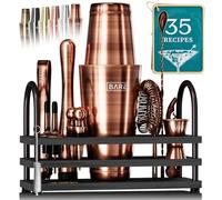 BARE BARREL® Set di attrezzi da barista per mixologia | Set di 14 pezzi | Utensili per miscelazione bar Martini per la preparazione di cocktail a casa | 35 carte
