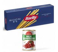 Barilla Pasta di Semola di Grano Duro Bucatini 500g, Confezione da 24 Pacchi Pacco Scorta con Joytaly Polpa di Pomodoro Eccellenze Italiane