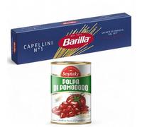 Barilla Pasta di Semola di Grano Duro Capellini 500g Confezione da 24 Pacchi Pacco Scorta con Joytaly Polpa di Pomodoro Eccellenze Italiane