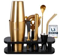 BARMINGO Set da cocktail in acciaio inox, 11 pezzi - 825 ml Boston Cocktail Shaker Set con supporto e accessori bar, set shaker da cocktail, set da bar | shaker Boston | nero oro