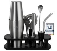 BARMINGO Set da cocktail in acciaio inox, 11 pezzi - 825 ml Boston Cocktail Shaker Set con supporto e accessori bar, set shaker da cocktail, set da bar | shaker Boston | nero argento