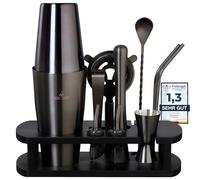 BARMINGO Set da cocktail in acciaio inox, 11 pezzi - 825 ml Boston Cocktail Shaker Set con supporto e accessori bar, set shaker per cocktail | set da bar | set shaker Boston | nero