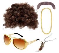 BaronHong Pe627SET23C, M - Parrucca da discoteca, baffi, collana per occhiali, stile anni '60, per cantanti, rocker, hippy, set per cosplay