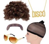 BaronHong Pe712SET23A, M - Parrucca da discoteca, baffi, collana per occhiali, stile anni '60, per cantanti, rocker, hippy, set per cosplay