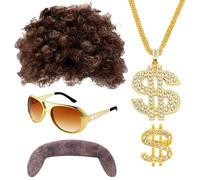 BaronHong Pe927L22SET - Parrucca da discoteca, baffi, collana per occhiali, stile anni '60, per cantanti, rocker, hippy, set cosplay (PE927L22SET, M)
