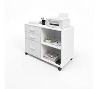Baroni Home Carrello Ufficio con 4 Rotelle Girevoli a 360°, Mobiletto Organizer per Stampante e Cancelleria, Struttura in MDF Resistente, Montaggio Facile, 80x40x65 cm, 3 Cassetti Bianco
