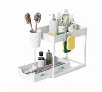 Baroni Home Organizer Sottolavello a 2 Livelli, Scaffale Salvaspazio in Plastica con Cassetto Estraibile, 4 Ganci e Cestino, Ripiani Forati per Ventilazione, Cucina e Bagno, 21x38x36 (1, Bianco)