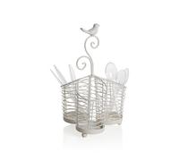 Baroni Home Porta Posate in Ferro Decorato, Accessori Shabby Chic da Tavola con Uccellino, Scolaposate da Interno e Esterno, 18.5x18.5x29 cm
