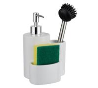 Baroni Home Portaspugna con Dispenser per Lavello Cucina in Ceramica, Porta Spugna per Lavandino con Spugna e Spazzola Inclusa, Moderno con Spazzola, 13x12x20 cm