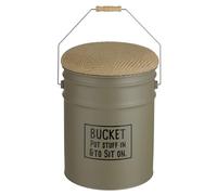 Baroni Home Pouf Contenitore in Metallo Tortora Seduta Imbottita Rivestita in Juta, con Manico in Metallo e Legno - Stile Bidone Vintage, Perfetto per Casa, Ingresso e Cameretta