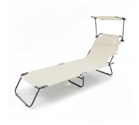 Baroni Home Sedia a Sdraio Pieghevole Reclinabile con Parasole Regolabile 360° e Cuscino Removibile, Lettino Prendisole in Metallo con Tessuto Idrorepellente, Portata 110 Kg, 186x55x24 cm Panna