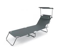 Baroni Home Sedia a Sdraio Pieghevole Reclinabile con Parasole Regolabile 360° e Cuscino Removibile, Lettino Prendisole in Metallo con Tessuto Idrorepellente, Portata 110 Kg, 186x55x24 cm Grigio