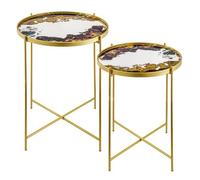 Baroni Home Set 2 Tavolini da Salotto, Tavolini Bassi Effetto Marmo, Coppia di Tavolini da Caffè con Struttura in Metallo Dorato, Oro e Viola