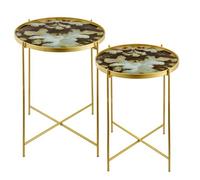 Baroni Home Set 2 Tavolini da Salotto, Tavolini Bassi Effetto Marmo, Coppia di Tavolini da Caffè con Struttura in Metallo Dorato, Verde e Ghiaccio