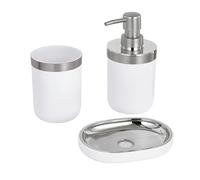Baroni Home Set da Bagno 3 Pezzi in Plastica Resistente, Set Bagno Moderno, Composto da Dispenser, Bicchiere e portasapone, Bianco e Argento
