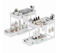Baroni Home Set di 2 Organizer Sottolavello a 2 Livelli, Scaffale Bianco Salvaspazio in Plastica con Cassetto Estraibile, 4 Ganci e Cestino, Ripiani Forati per Ventilazione, Cucina e Bagno, 21x38x36