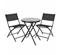 Baroni Home Set Giardino Pieghevole 3 Pezzi con 2 Sedie e Tavolo Rotondo in Vetro Temperato Ø60 cm, Set da Balcone e Terrazzo, Sedute Impermeabili (Nero)
