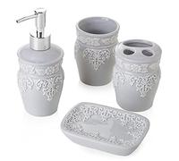 Baroni Home Set in Ceramica Accessori da Bagno, Include Dispenser, Portaspazzolino, Bicchiere e Portasapone Bassorilievo Set 4 Pezzii Grigio Chiaro