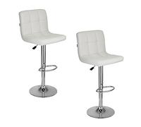 Baroni Home Sgabello da Bar o Cucina in Tessuto Imbottito, Regolabile e Girevole a 360°, con Schienale e Poggiapiedi, Struttura in Acciaio Cromato, 2 Pezzi, Bianco Ecopelle