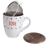 Baroni Home Tazza da tè in Ceramica con Filtro in Acciaio Inox. Tisaniera con Tappo/piattino Colorata Marrone Love 13x10x11 cm