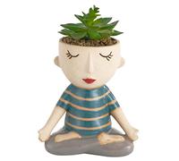 Baroni Home Vaso in Ceramica con Piantina Artificiale, Vaso Decorativo Design con Volto, Soprammobile Moderno Dipinto a Mano, Vasetto Decorativo da Interno e da Esterno, Meditatore Grande, 16x9x23 cm