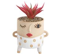 Baroni Home Vaso in Ceramica di Design con Volto, Vaso con Pianta Artificiale Inclusa, Soprammobile Moderno Dipinto a Mano, Statuetta da Interno o Esterno 19x15x17 cm - Girl Vestito Bianco