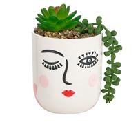 Baroni Home Vaso Testa in Ceramica con Volto, Vaso con Pianta Artificiale Inclusa, Soprammobile Moderno, Statuetta da Interno o Esterno 10x10x16 cm - Occhiolino